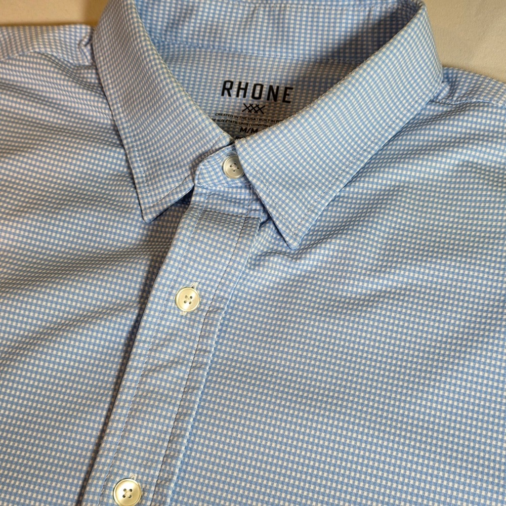RHONE Commuter Shirt Mens M Blue Gingham Long Sleeve Button Down Stretch
